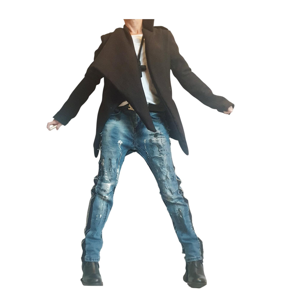 Black Asymmetrical Blazer, Tailored Jacket with Wide Shawl Collar, Button Closure