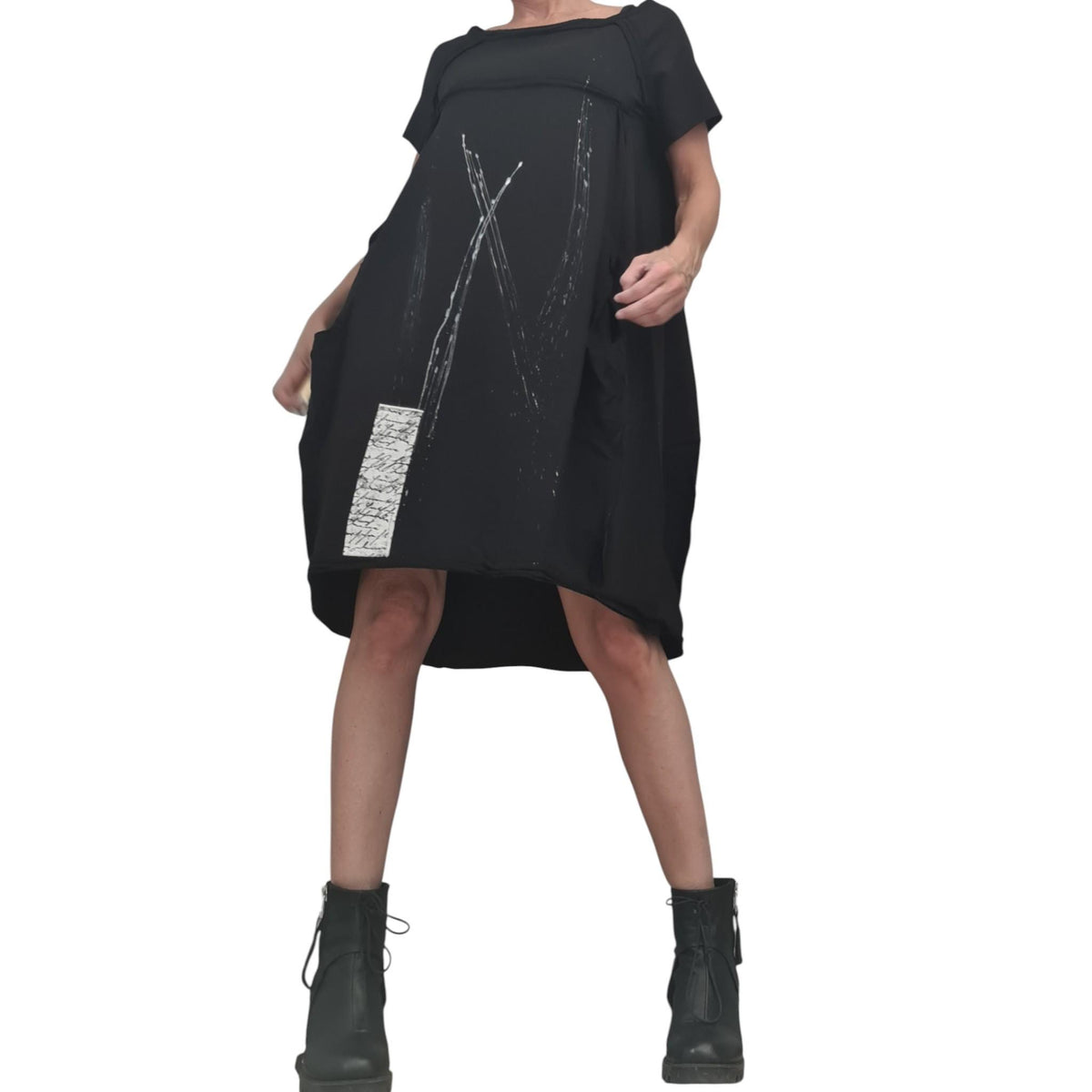 Black French Terry Short Sleeve Dress, One Shoulder Asymmetric Gothic Tunic, Oversized Fit
