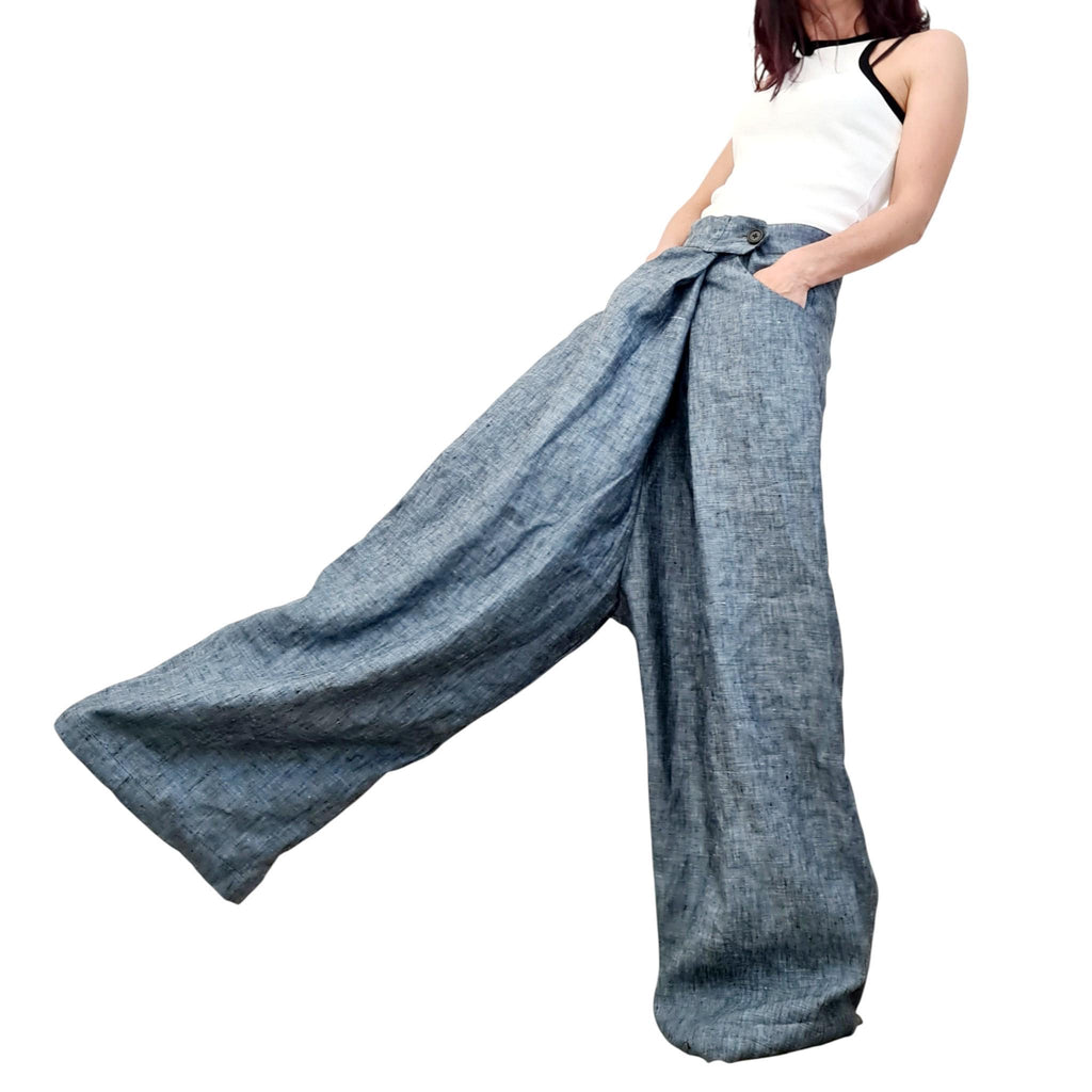 Denim Blue Linen Wide Leg Pants, Extra Loose Summer Trousers, Comfortable Everyday Wear