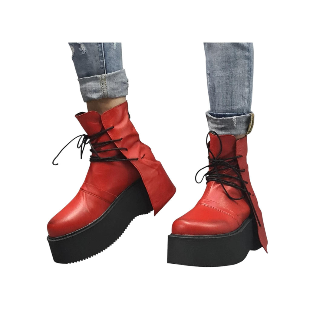 Red Leather Platform Ankle Boots with Wrap Cords, Chunky Sole Shoes, Handmade Footwear