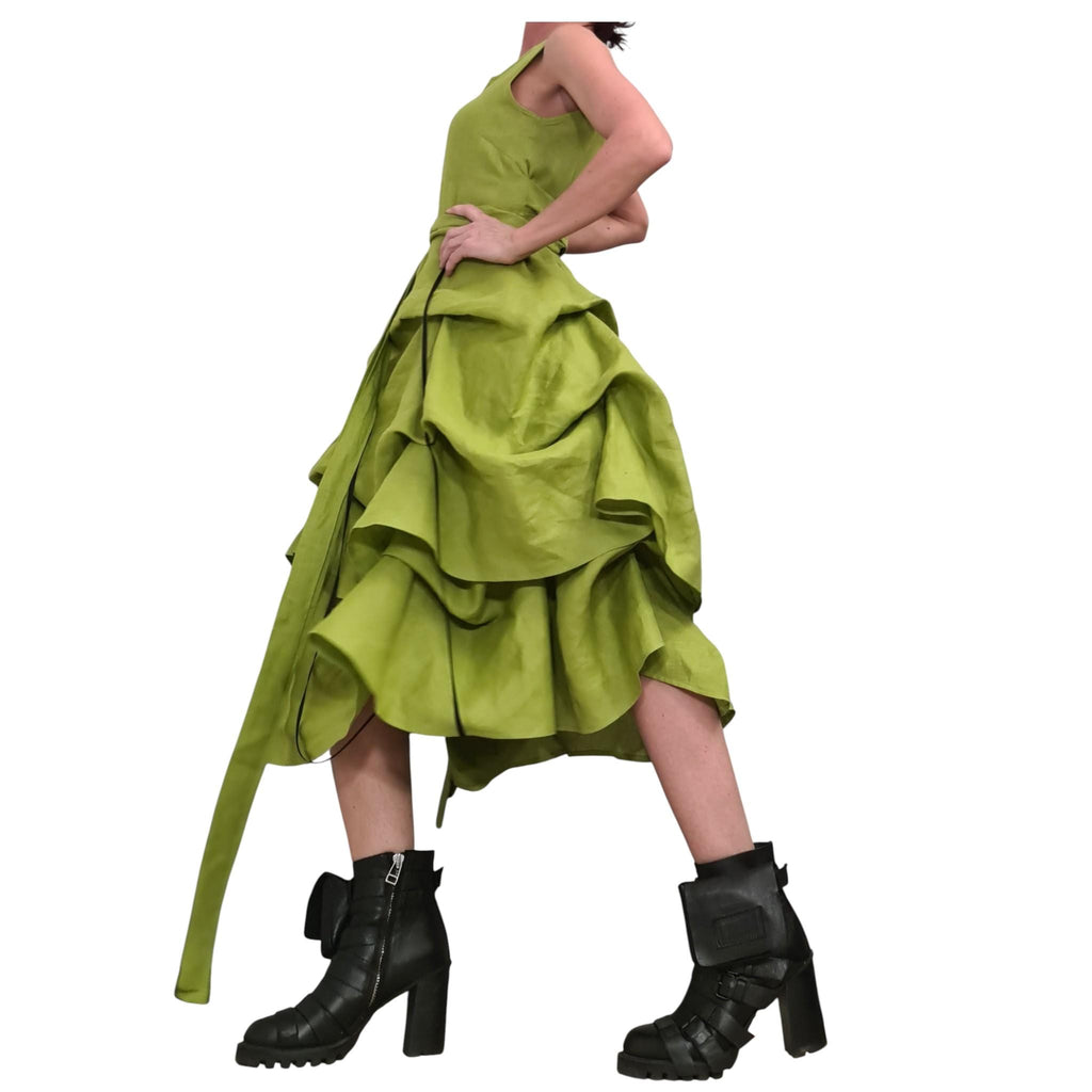 Lime Linen Asymmetric Dress for Women, Sleeveless Layered Midi Dress, Adjustable Avant garde Skirt