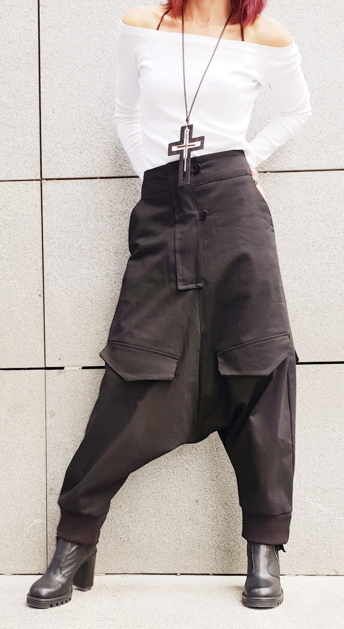 Black Cargo Harem Pants, Drop Crotch Trousers