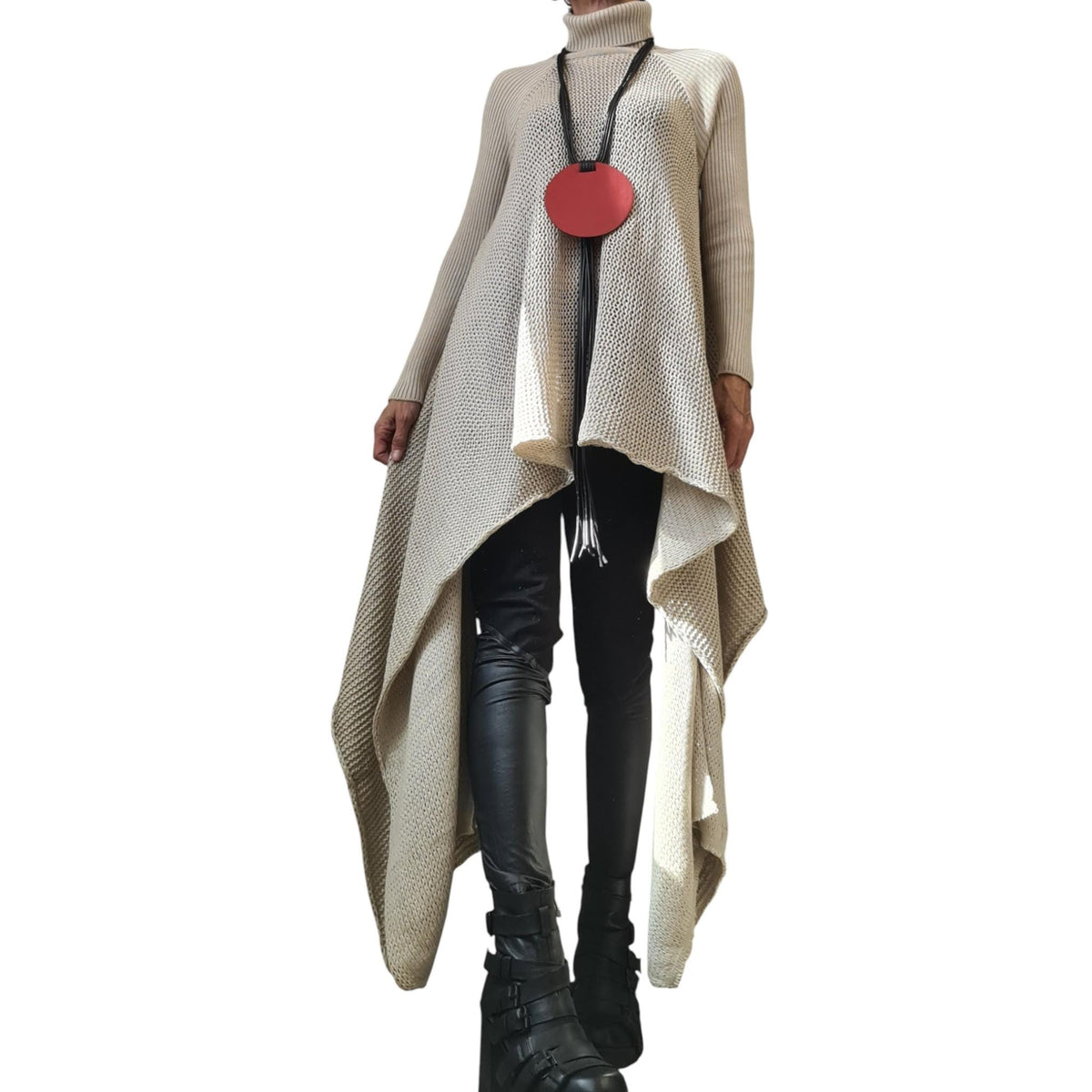 Beige Asymmetric Knit Tunic, Oversized Long Turtleneck Sweater, Plus Size Top