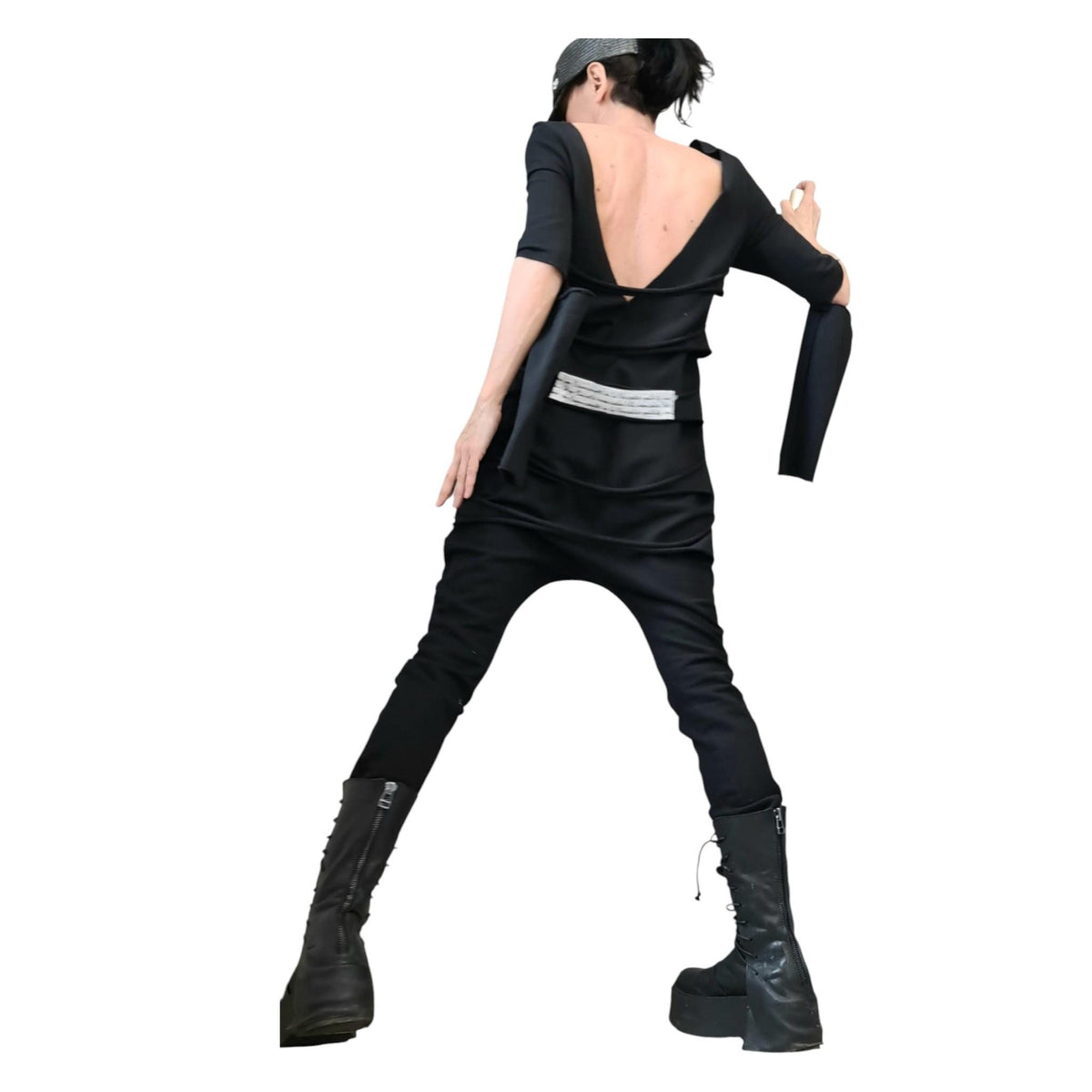 Black Cotton Drop Crotch Jumpsuit, Extravagant Open Back, Slim Fit Gothic Style