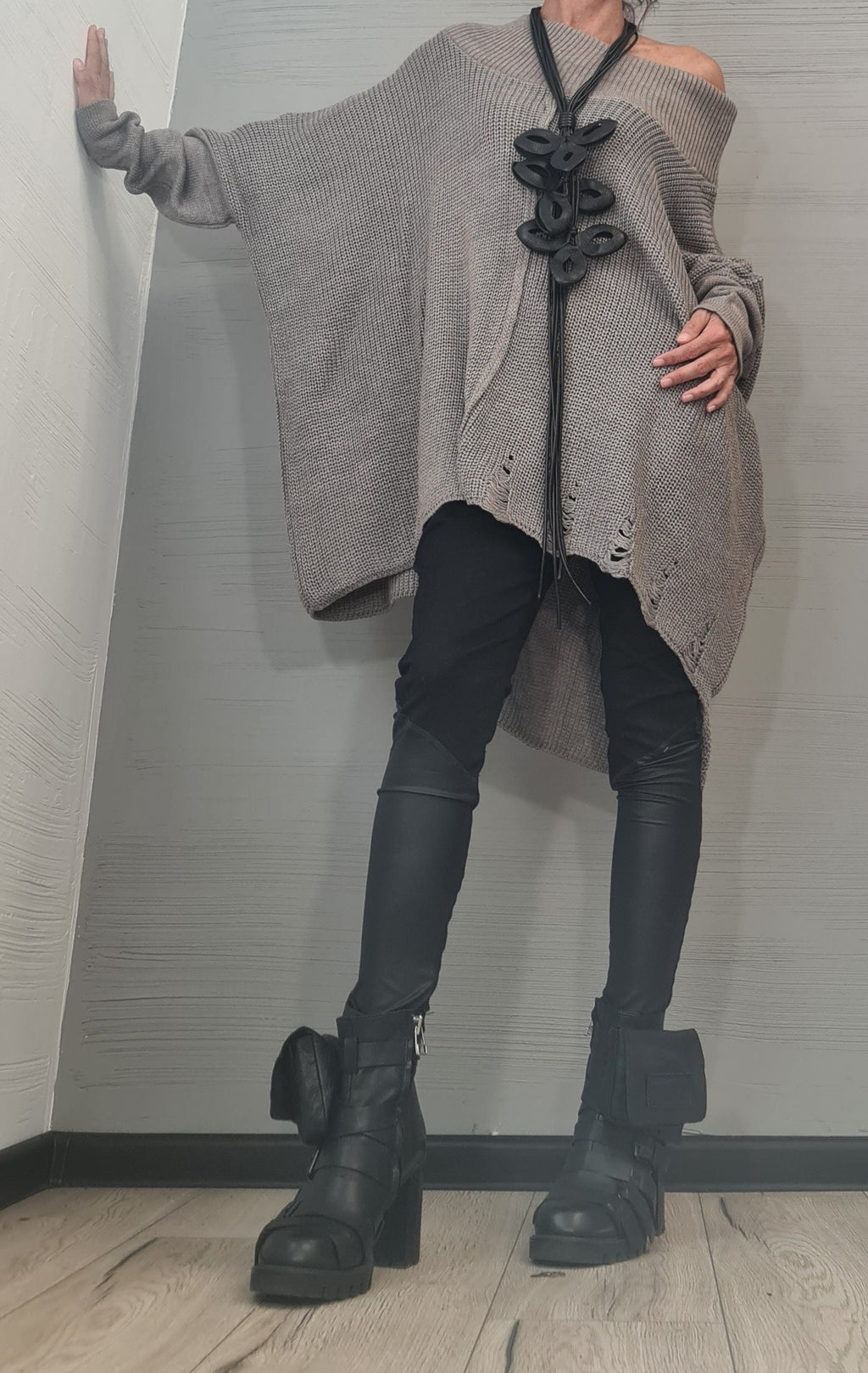 Green Asymmetrical Knitted Tunic, Loose Fit Blouse, Open Shoulder Sweater