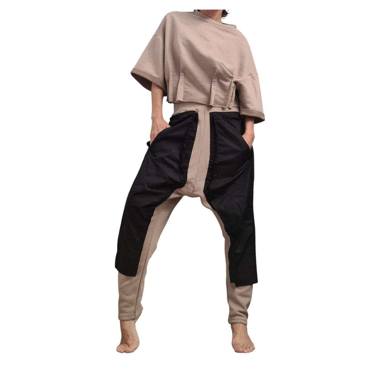 Extravagant Harem Pants, Cargo Trousers, Beige Black, Outer Pockets