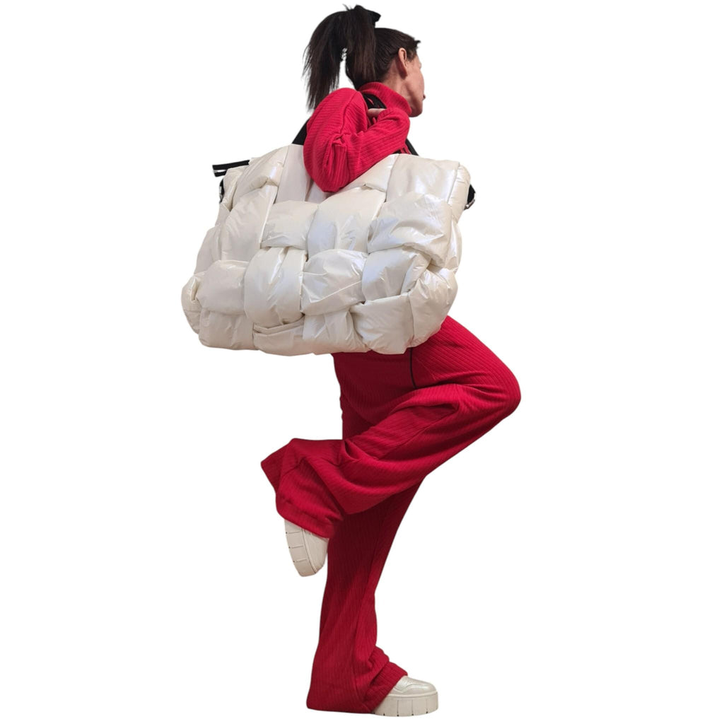 White Pearl Puffer Tote Bag | Woven Oversize Design | women’s clothing | statement