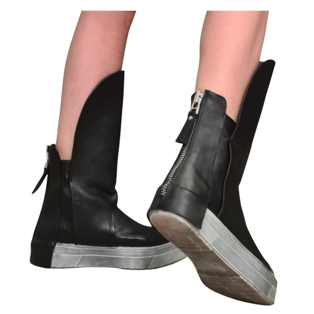 Black Leather Platform Sneakers for Women, Avant Garde High Tongue Boots with Back Zipper
