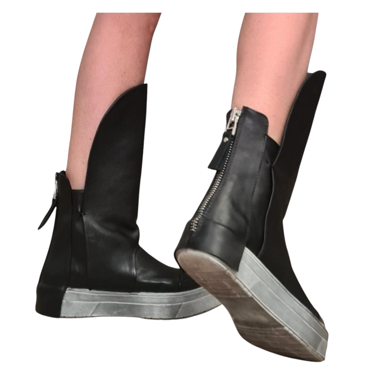 Black Leather Platform Sneakers for Women, Avant Garde High Tongue Boots with Back Zipper