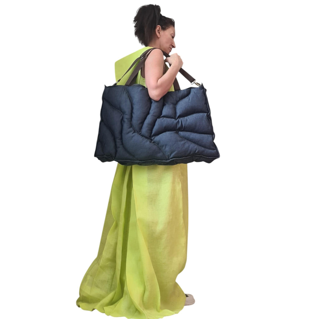 Oversized Quilted Denim Tote Bag, Large Puffer Shoulder Carryall, Puffy Hobo Shopper, Handmade Accessory