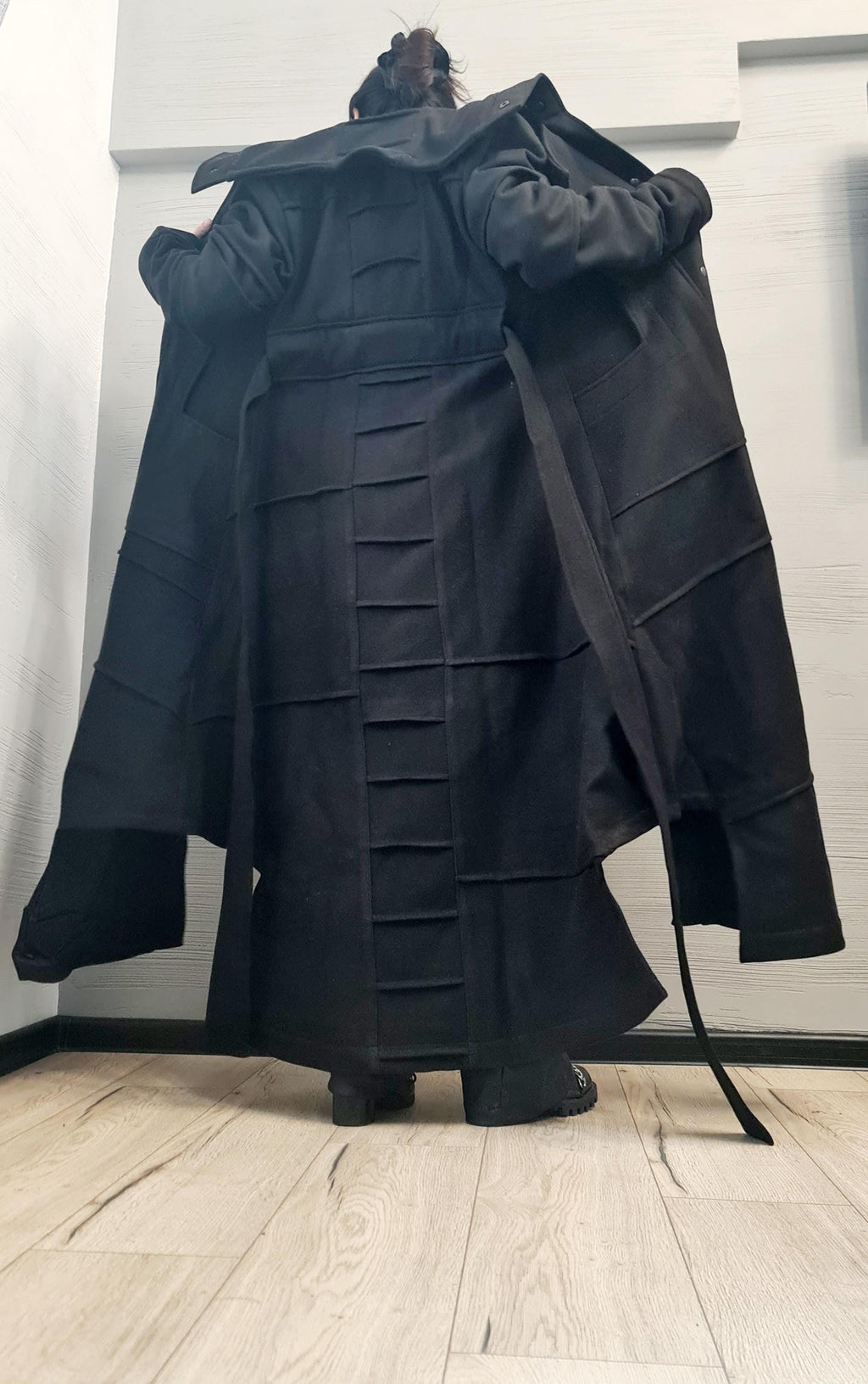 Red Asymmetric Floor Length Coat, Layered Hem and High Collar, Strap Details, Plus Size