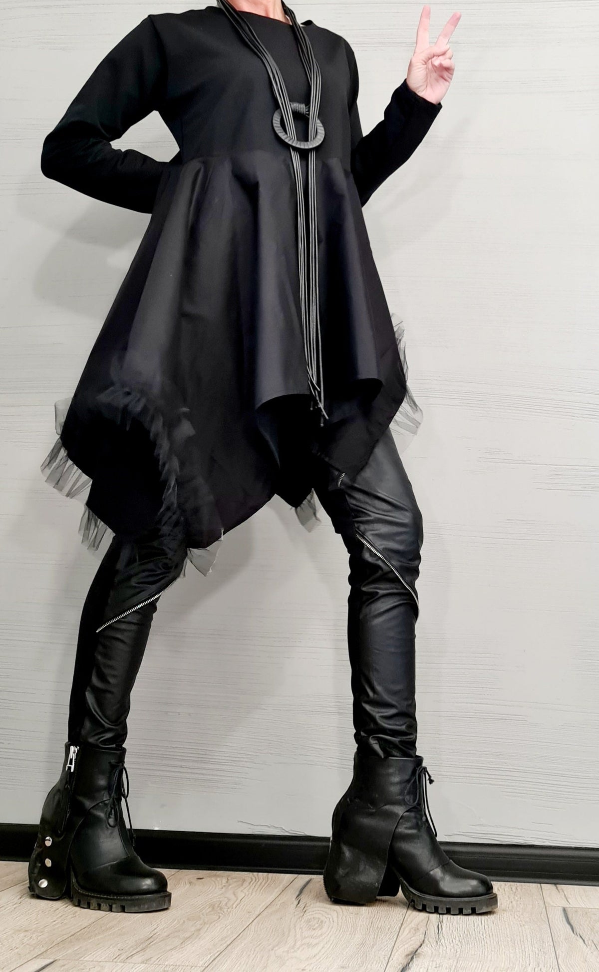 Avant Garde Tunic Dress, Deconstructed Asymmetric Tulle Top, Long Sleeve Loose Fit