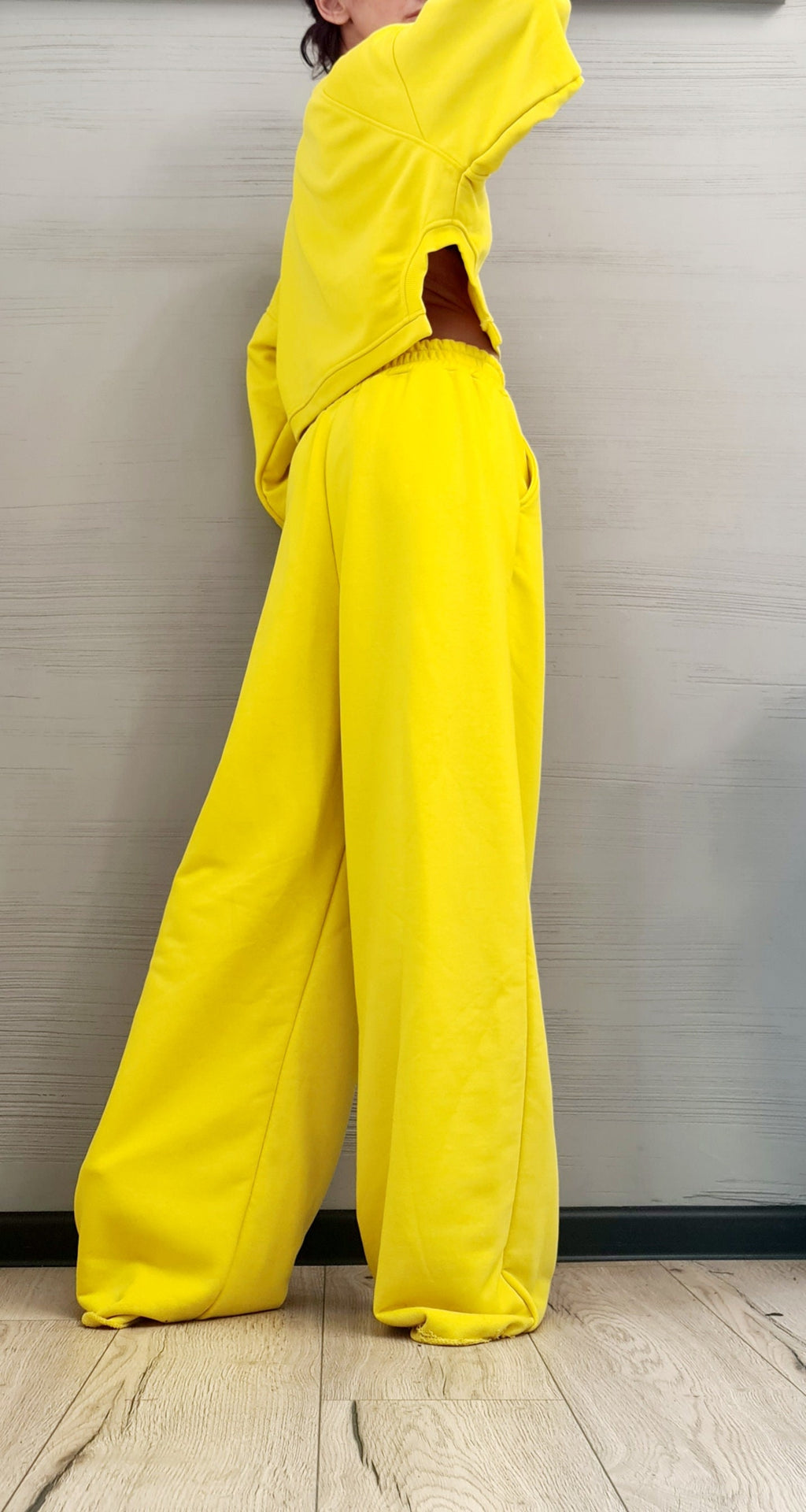 Yellow Cotton Wide-Leg Pants, Cropped Oversized Sweatshirt, Knee Cutout, Raw Hems, Two-Piece Co-Ord Set