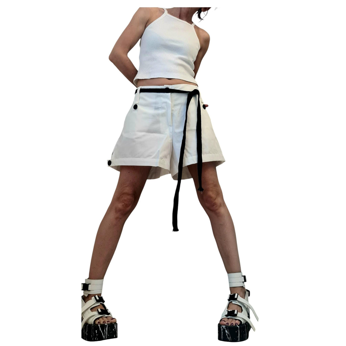 White Wide Leg Cotton Shorts, Decorative Button Detail