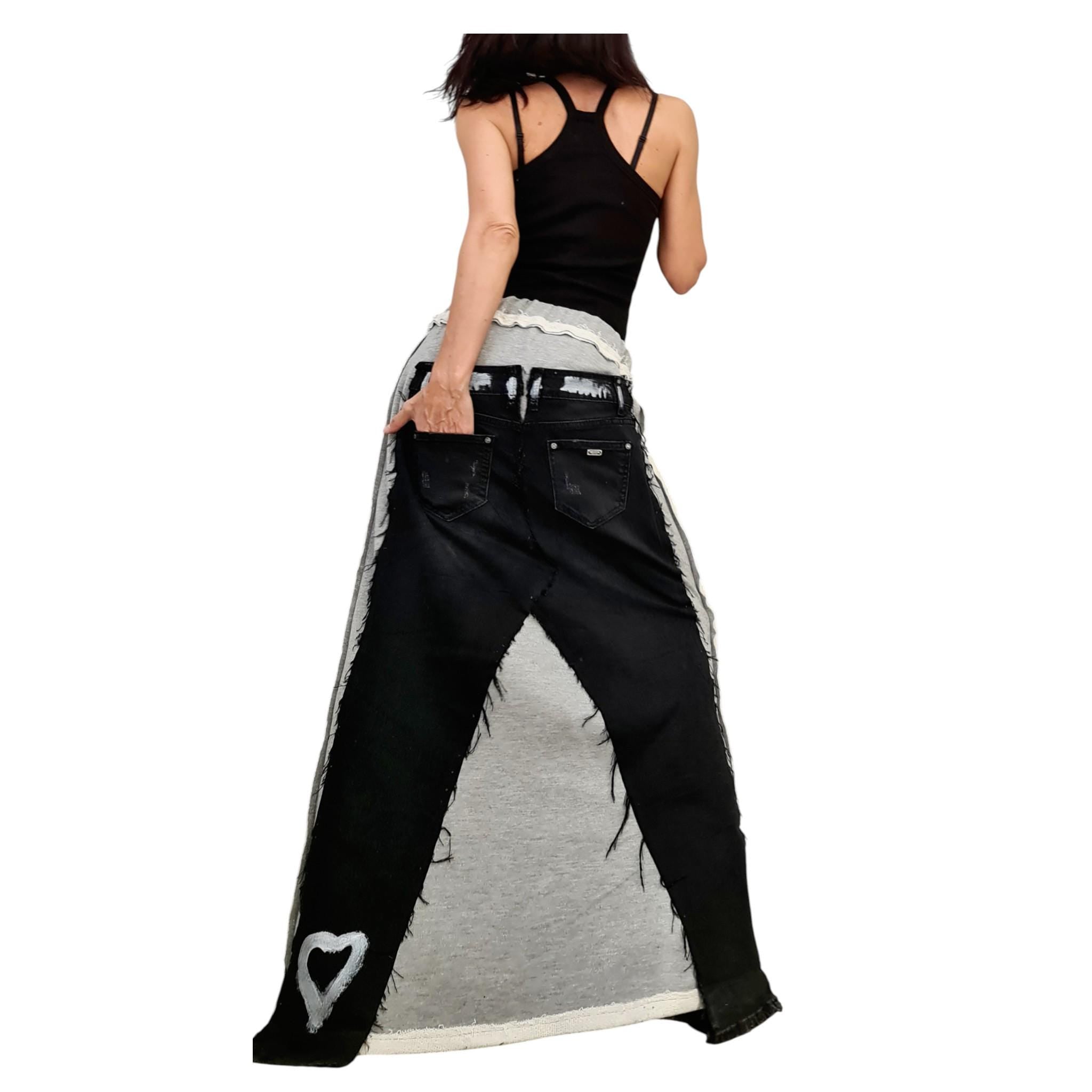 Deconstructed Avant Garde Denim Skirt, Outside Seam, Plus Size French Terry Skirt