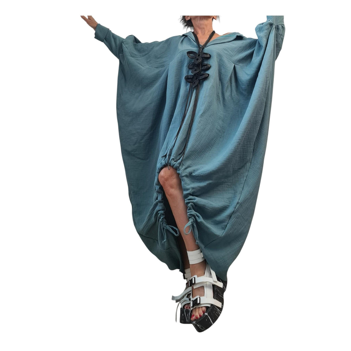 Dusty Teal Muslin Maxi Dress, Double Gauze, Oversized Cotton Kaftan, Boho Loungewear, Plus Size