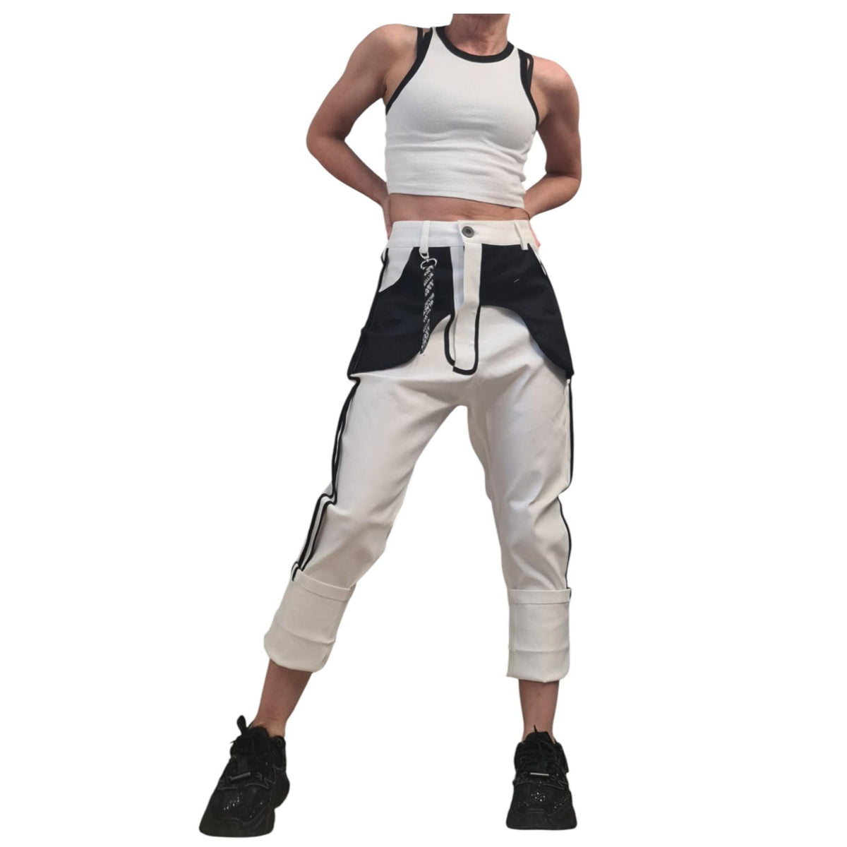 Black&Whit Denim Cargo Pants – Black Contrast Piping, Streetwear Trousers