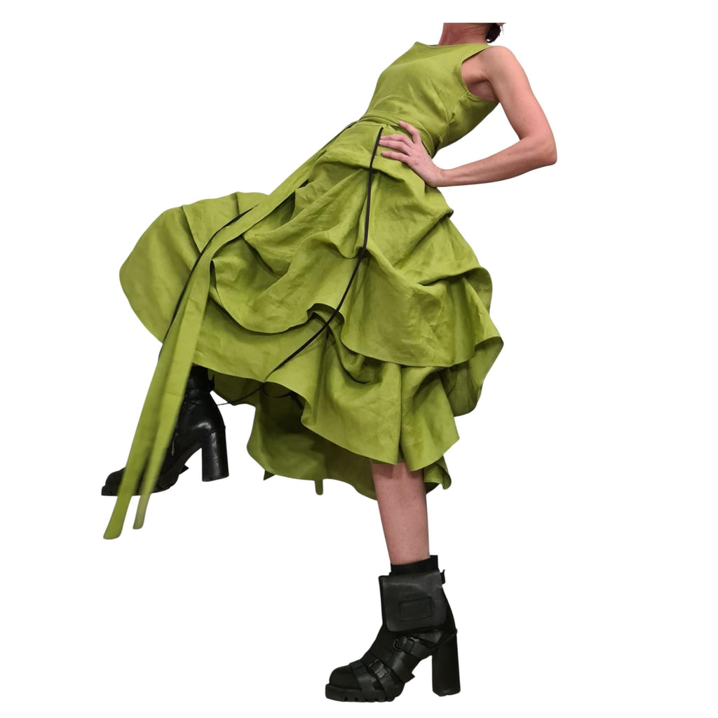 Lime Linen Asymmetric Dress for Women, Sleeveless Layered Midi Dress, Adjustable Avant garde Skirt