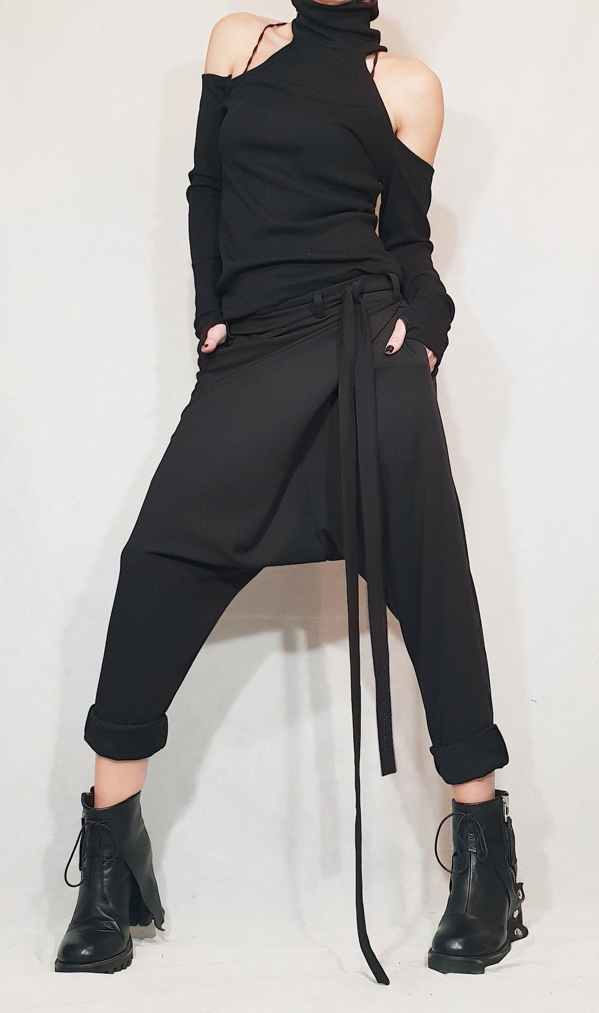 Black Avant Garde Drop Crotch Pants, Skirt Overlay Harem Trousers