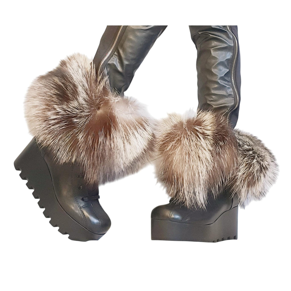 Fox Fur Wedge Boots, Platform Winter Booties, Handmade Leather Ankle Shoes