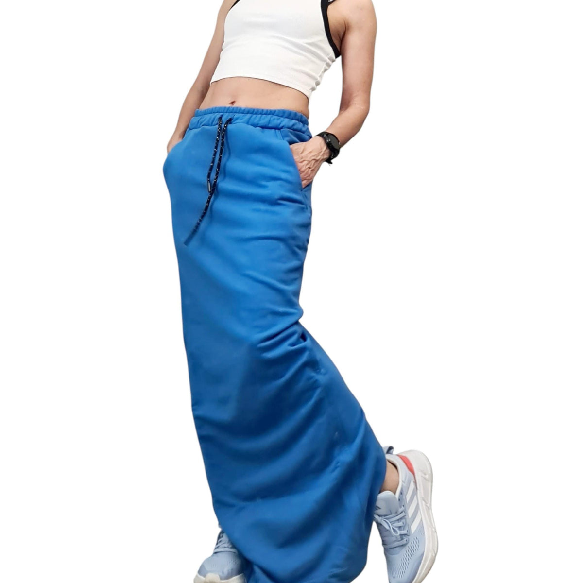 Blue Cotton Maxi Skirt with Pockets, Sporty Tight Long Skirt, Large Slit