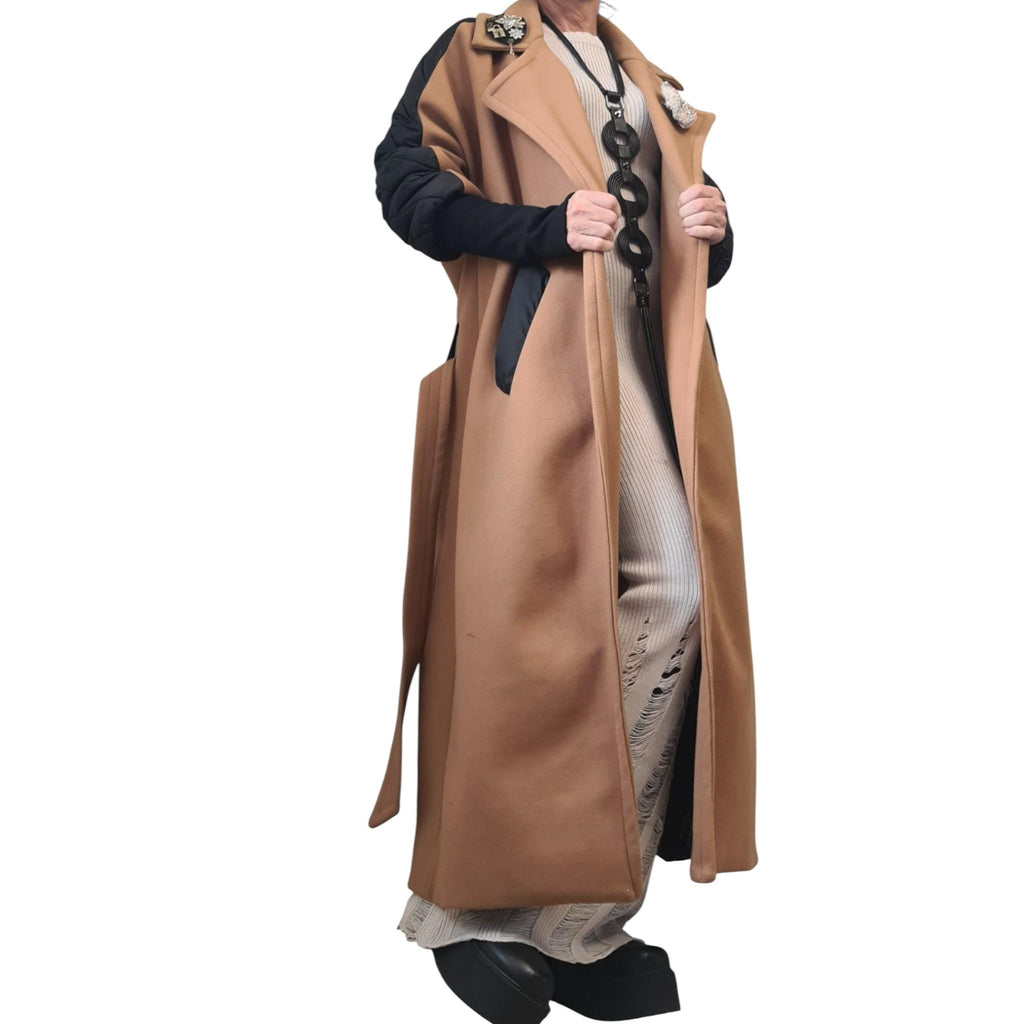Beige Wool Maxi Coat, Black Quilted Sleeves and Back Panel, Belted Plus Size Overcoat