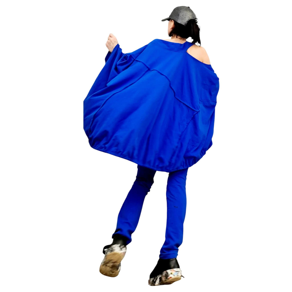 Royal Blue Cotton Leggings, Cutout Knees, Oversized Asymmetrical Draped Batwing Tunic, Two-Piece Co-Ord Set