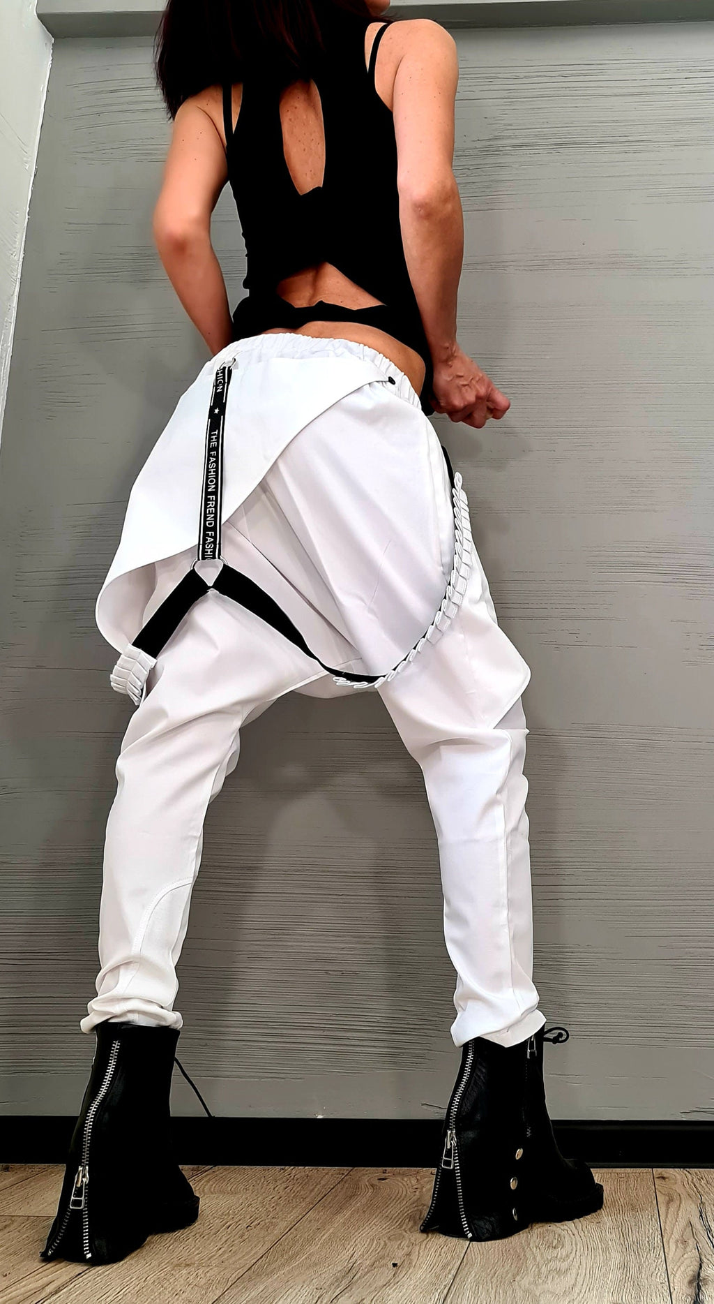 White Harem Pants, Wrap Front Design, Slim Leg, Decorative Suspenders, Wedding Outfit