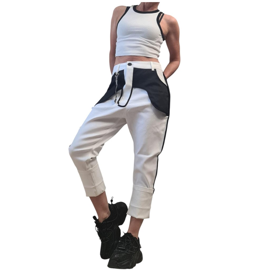 Black&Whit Denim Cargo Pants – Black Contrast Piping, Streetwear Trousers