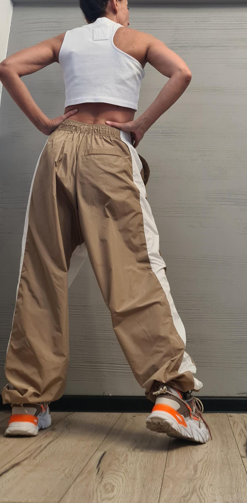 French Terry Jogger Pants, Beige Windbreaker Panels, Color Block