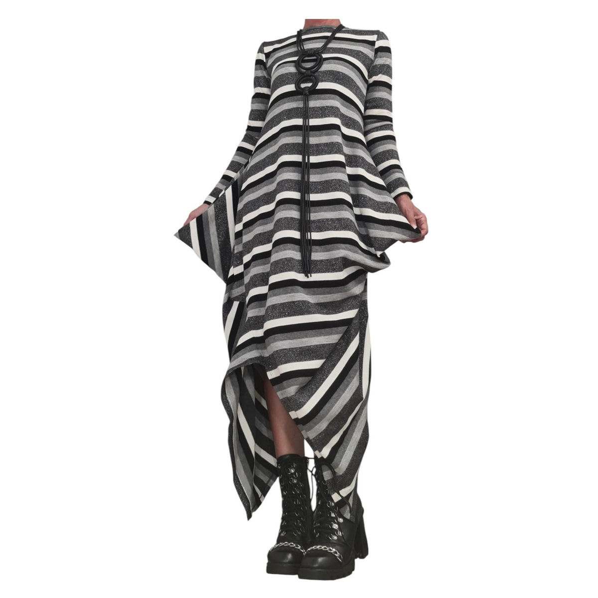 Light Black Silver Asymmetric Long Dress | Fluid Draped Silhouette | women’s clothing | conceptual