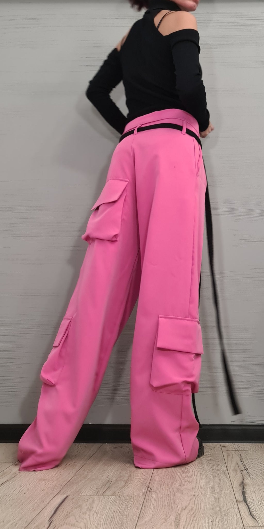 Pink Wide Leg Cargo Pants, Oversized Baggy Trousers