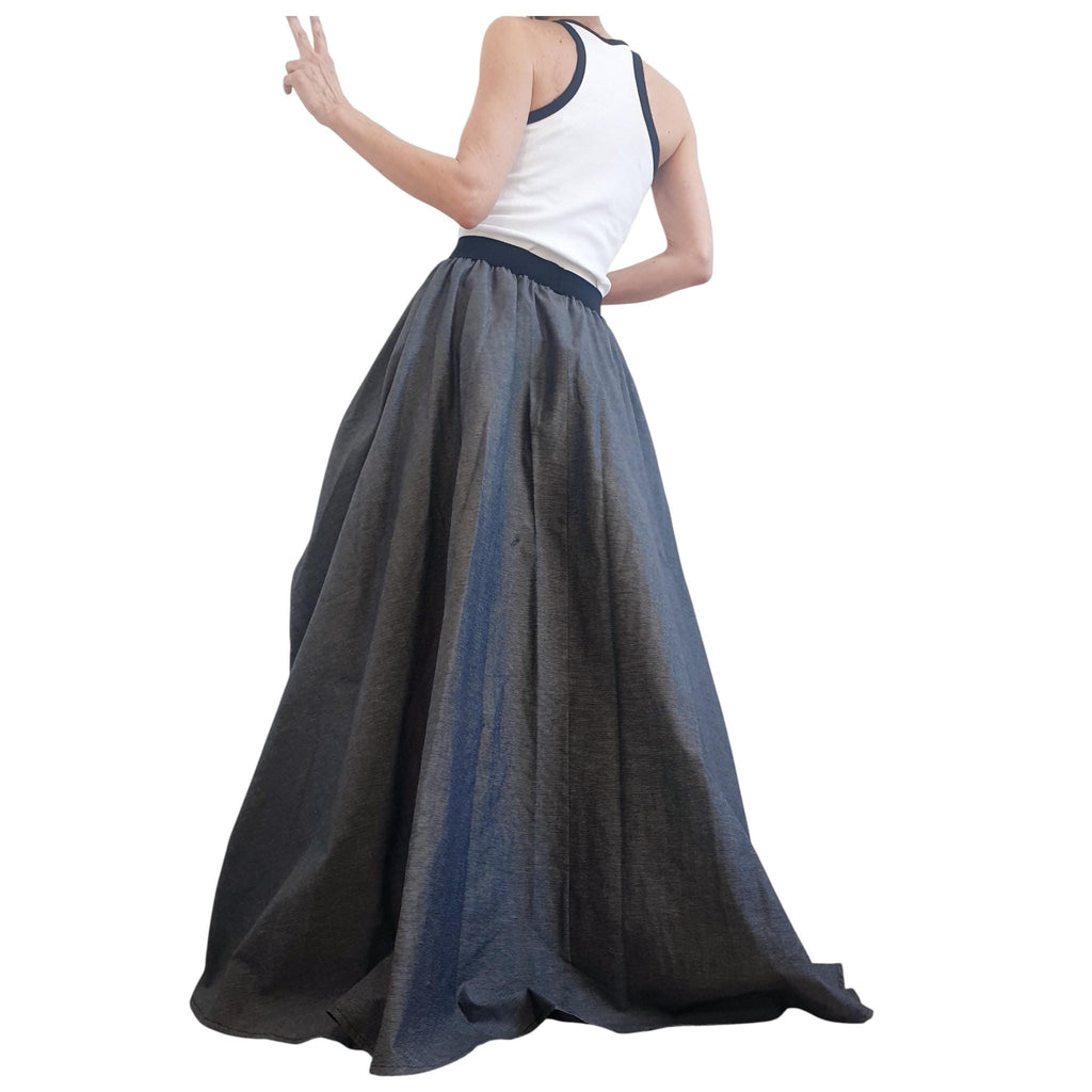 Dark Grey Cotton Sateen Maxi Skirt Dress, Adjustable Drawstrings, Layered Tulle, Convertible Design