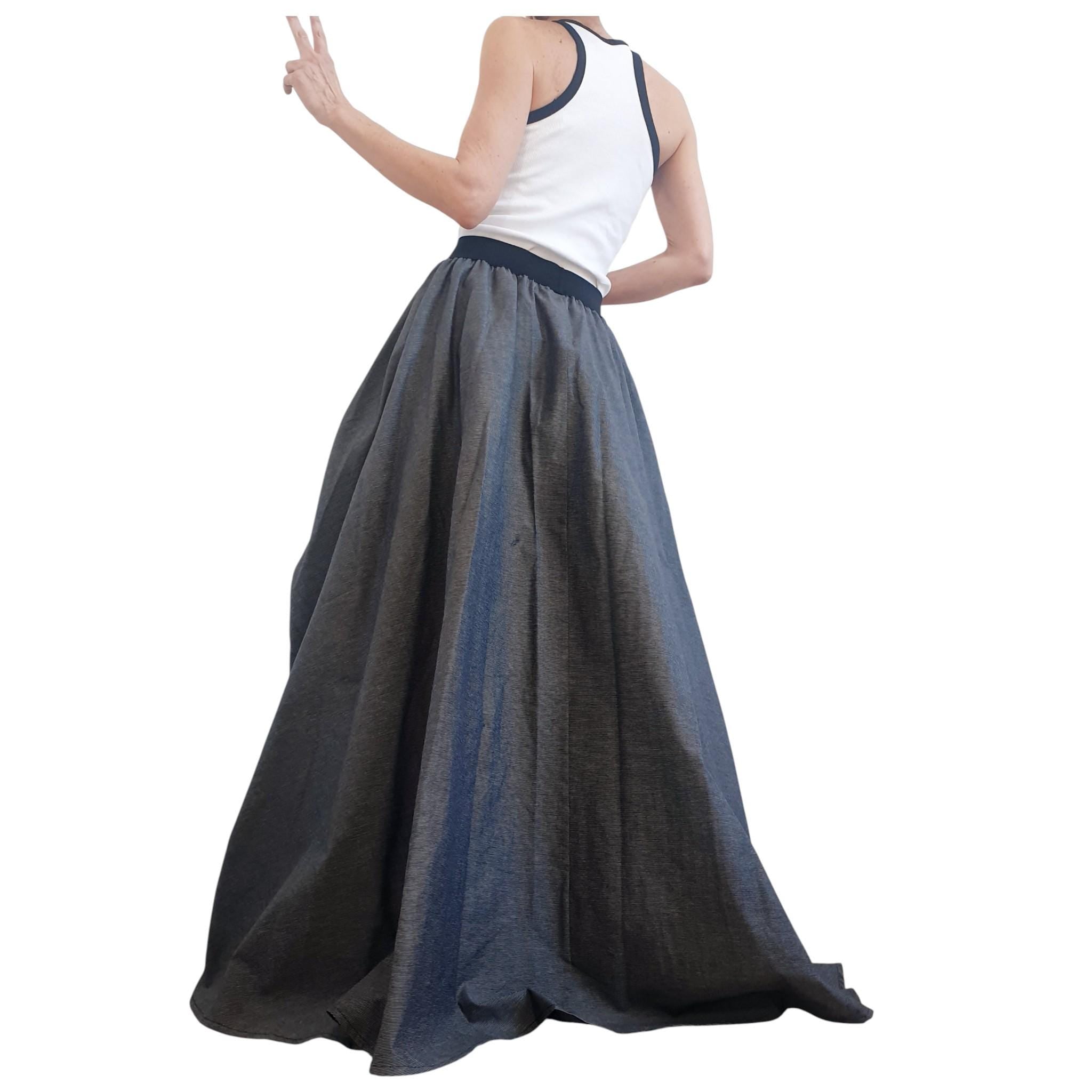 Dark Grey Cotton Sateen Maxi Skirt Dress, Adjustable Drawstrings, Layered Tulle, Convertible Design