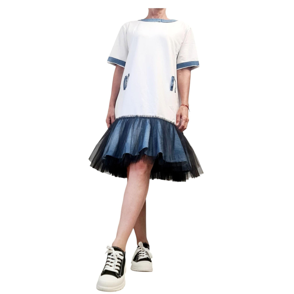 Oversized Cotton Tunic Dress, Denim Elements, Layered Tulle Skirt, Streetwear Style