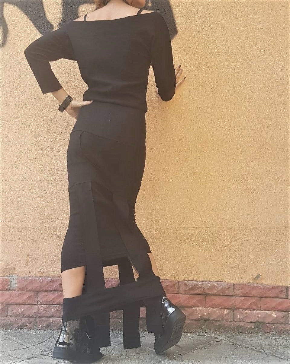 Black Cotton High-Waist Maxi Pencil Skirt, Asymmetrical Off-Shoulder Blouse, Cutout Hem, Two-Piece Co-Ord Set