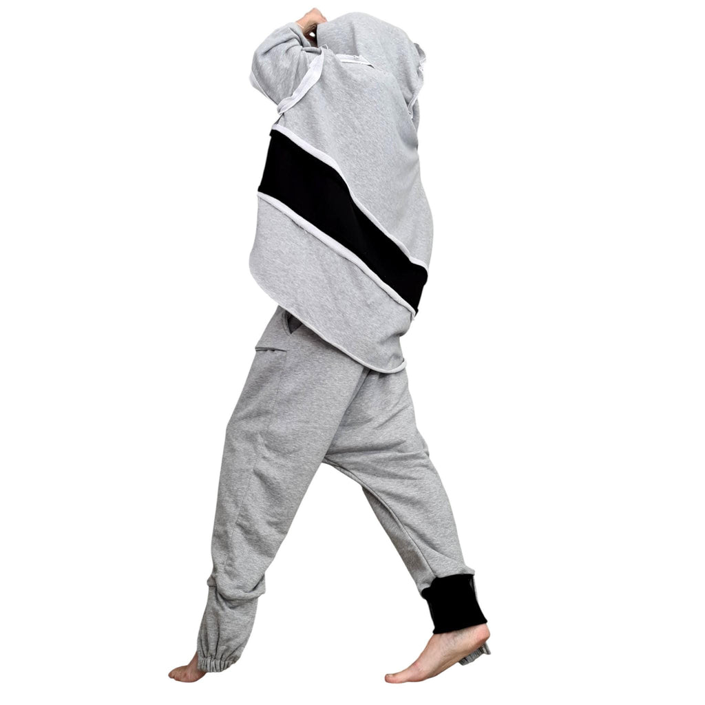 Grey Black Cotton Drop Crotch Harem Pants, Oversized Hooded Top, Plus SizeCo-Ord Set