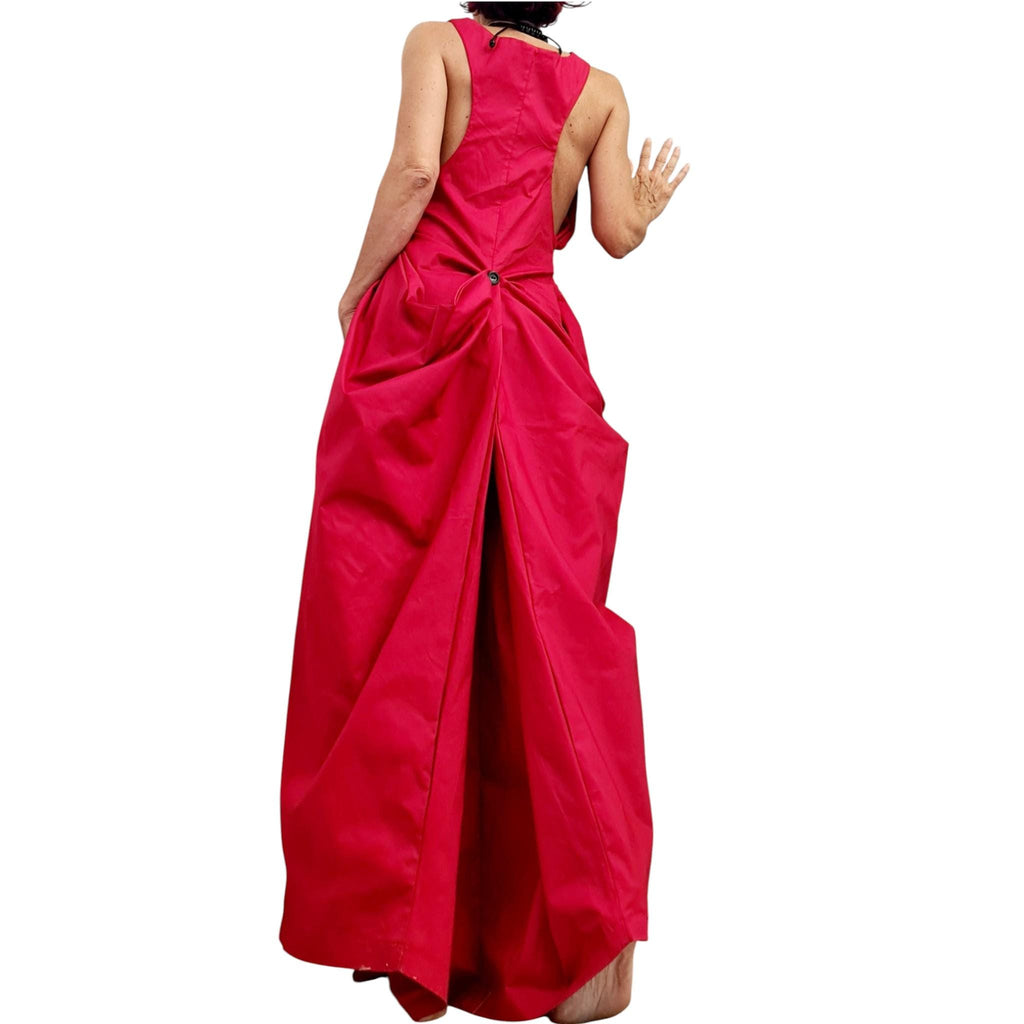 Red Backless Maxi Dress, Sleeveless Evening Wide Silhouette, Adjustable Design, Plus Size