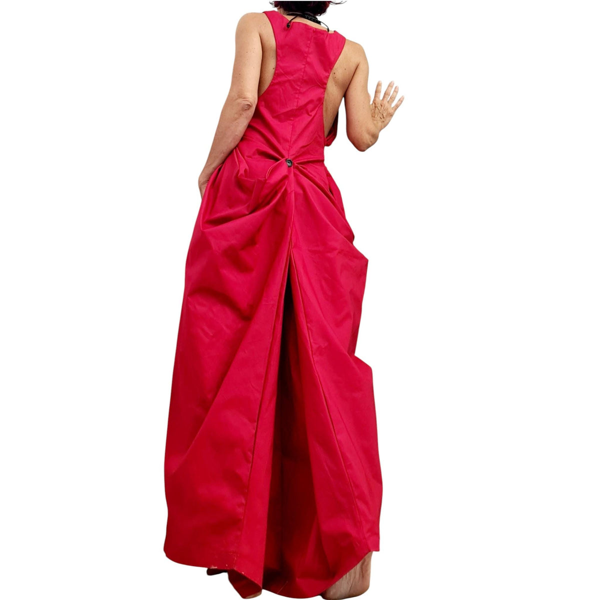 Red Backless Maxi Dress, Sleeveless Evening Wide Silhouette, Adjustable Design, Plus Size