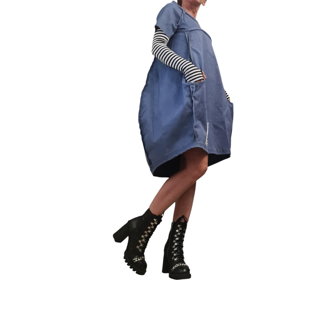 Avant Garde Denim Dress, Asymmetrical Cotton Tunic, Pockets, Extravagant Denim, Outside seams