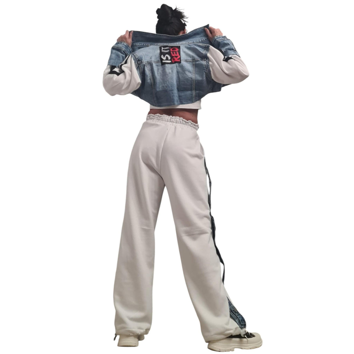 Cotton Denim Jacket and Harem Pants Set, Asymmetrical Design