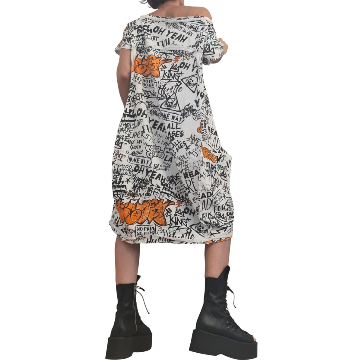 Cotton Tunic Dress with Graffiti Print, Asymmetric Knee Length
