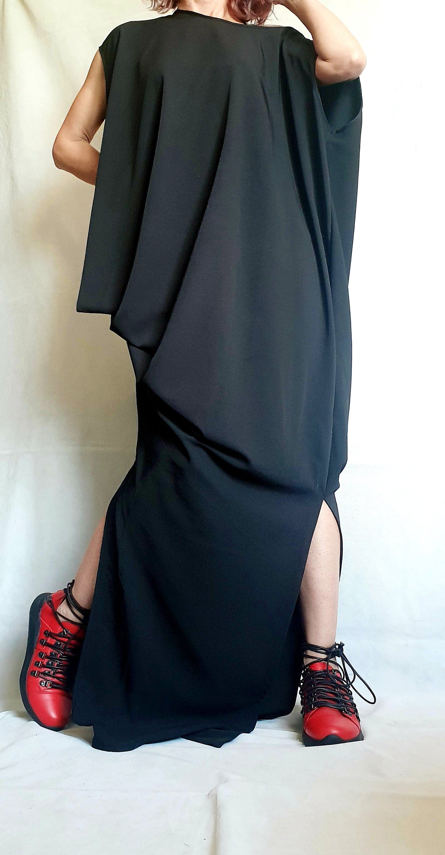 Black One Shoulder Maxi Dress, Avant Garde Draped Plus Size Clothing