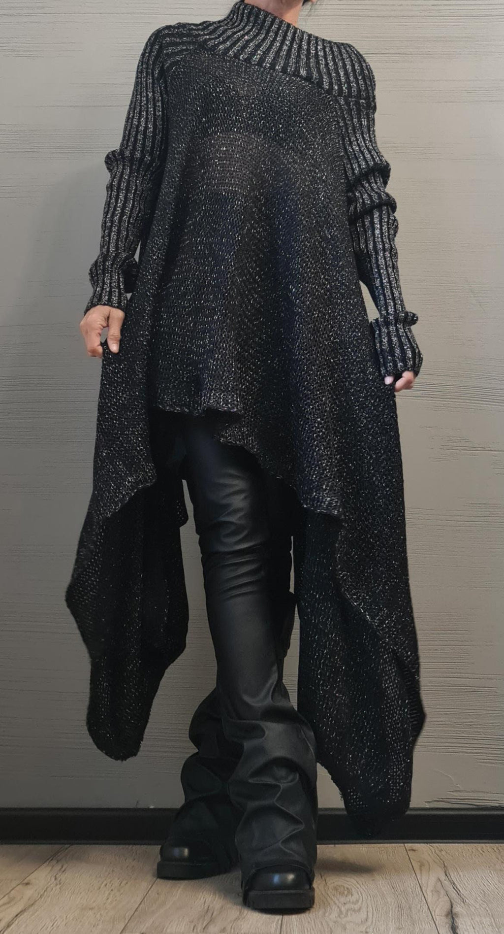 Black Glossy Knitted Top, Open Shoulder Blouse, Oversized Long Sleeve Sweater