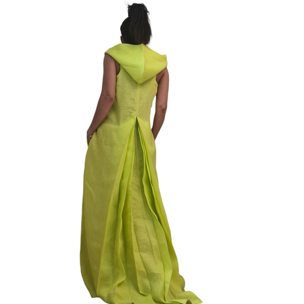 Lime Linen Hooded Maxi Dress with Pockets: Relaxed Summer Maxi, Boho Style