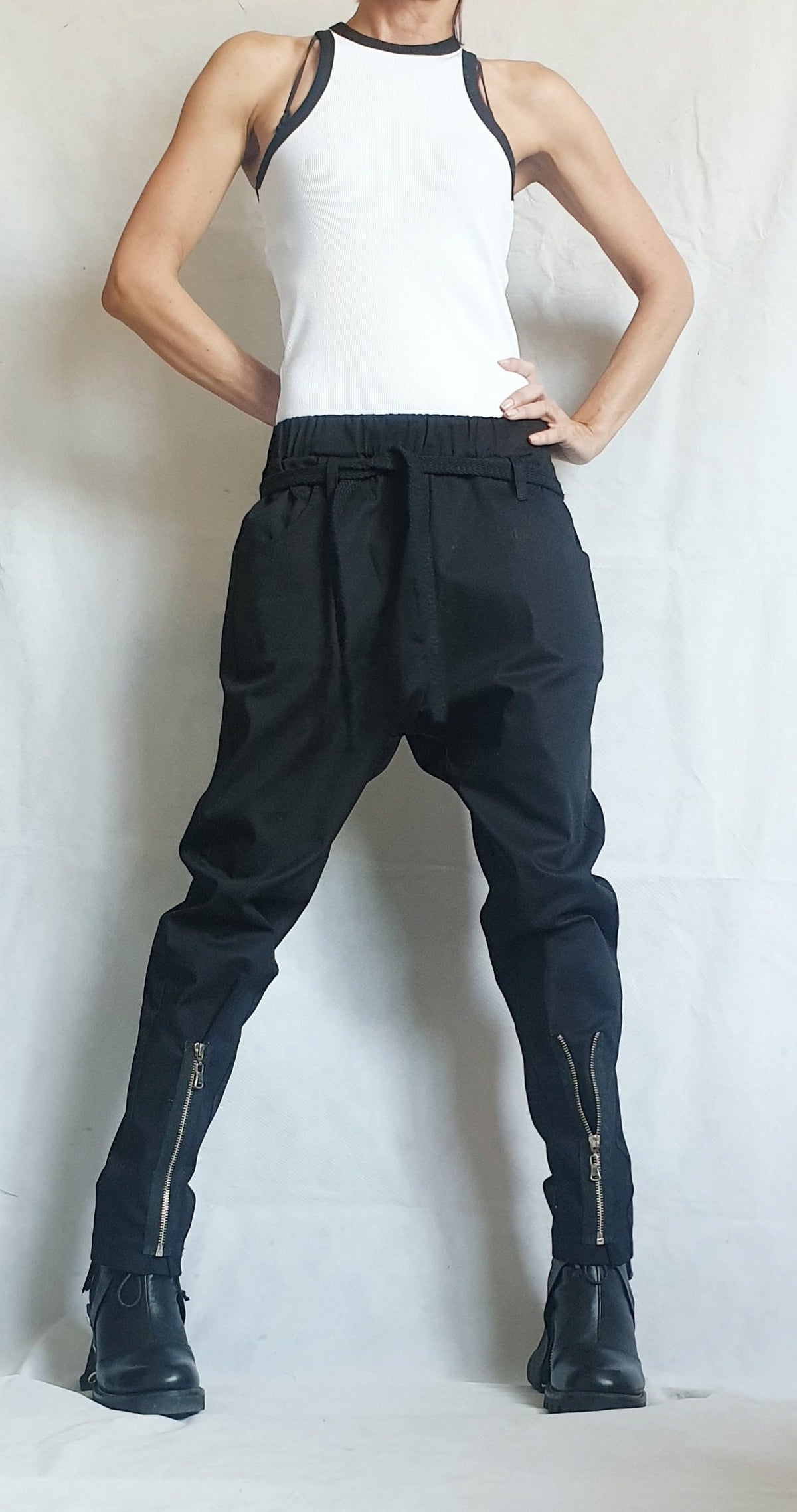 Black Drop Crotch Trousers, Zip Detail Pants for Tapered Leg