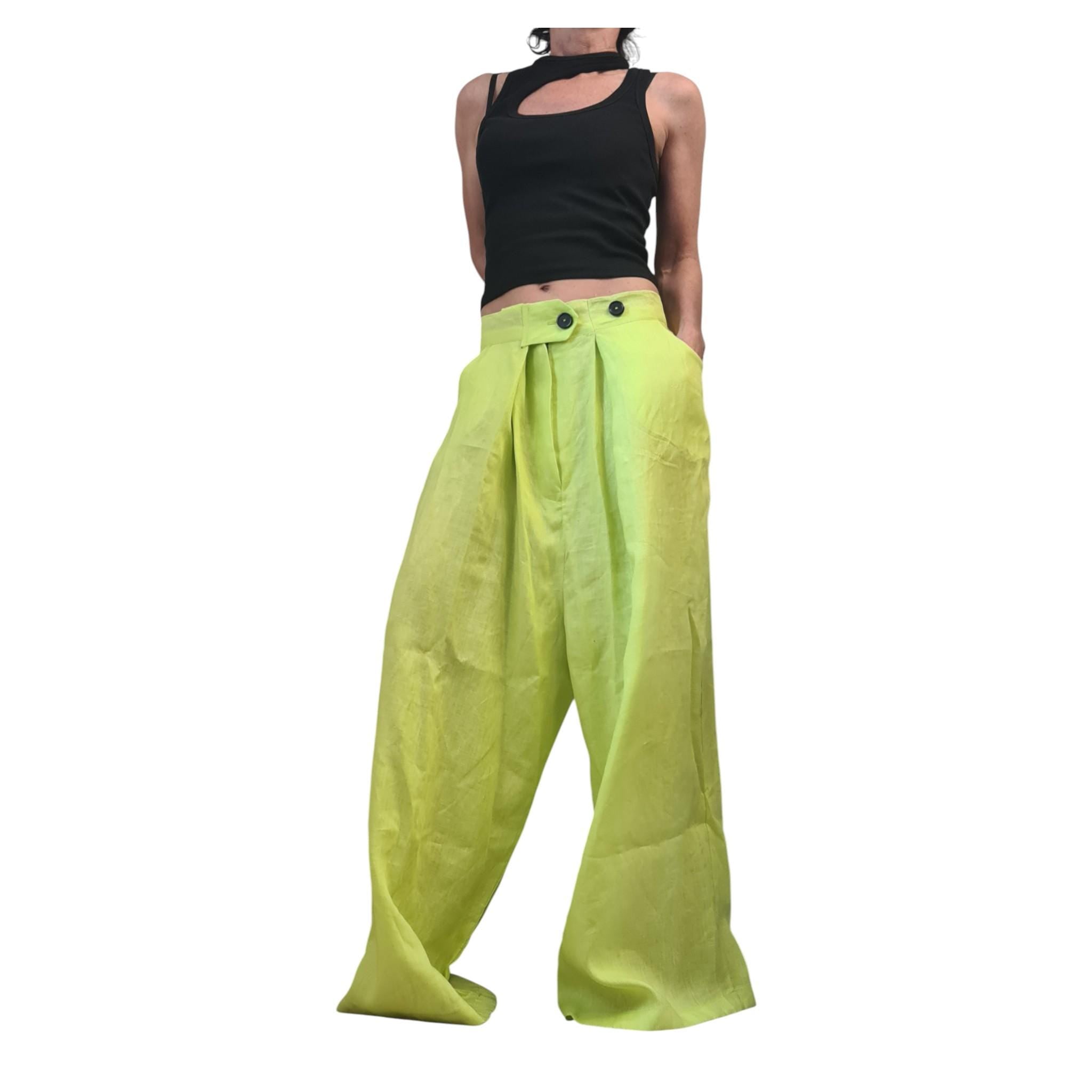 Lime Linen Drop Crotch Pants Womens Avant Garde Harem Trousers Designer Clothing