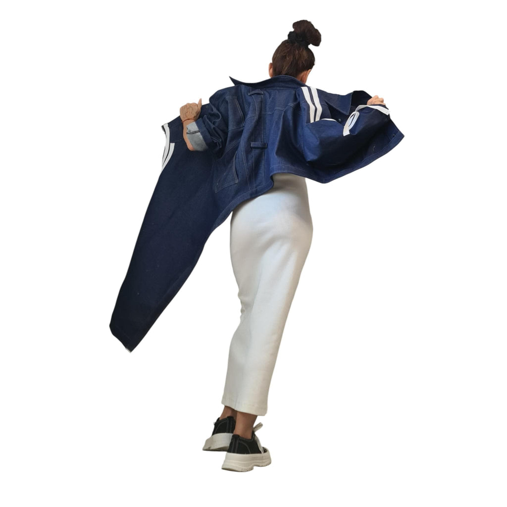 Asymmetrical Denim Jacket, Deconstructed Oversized Coat, Handmade Plus Size Outerwear for Women