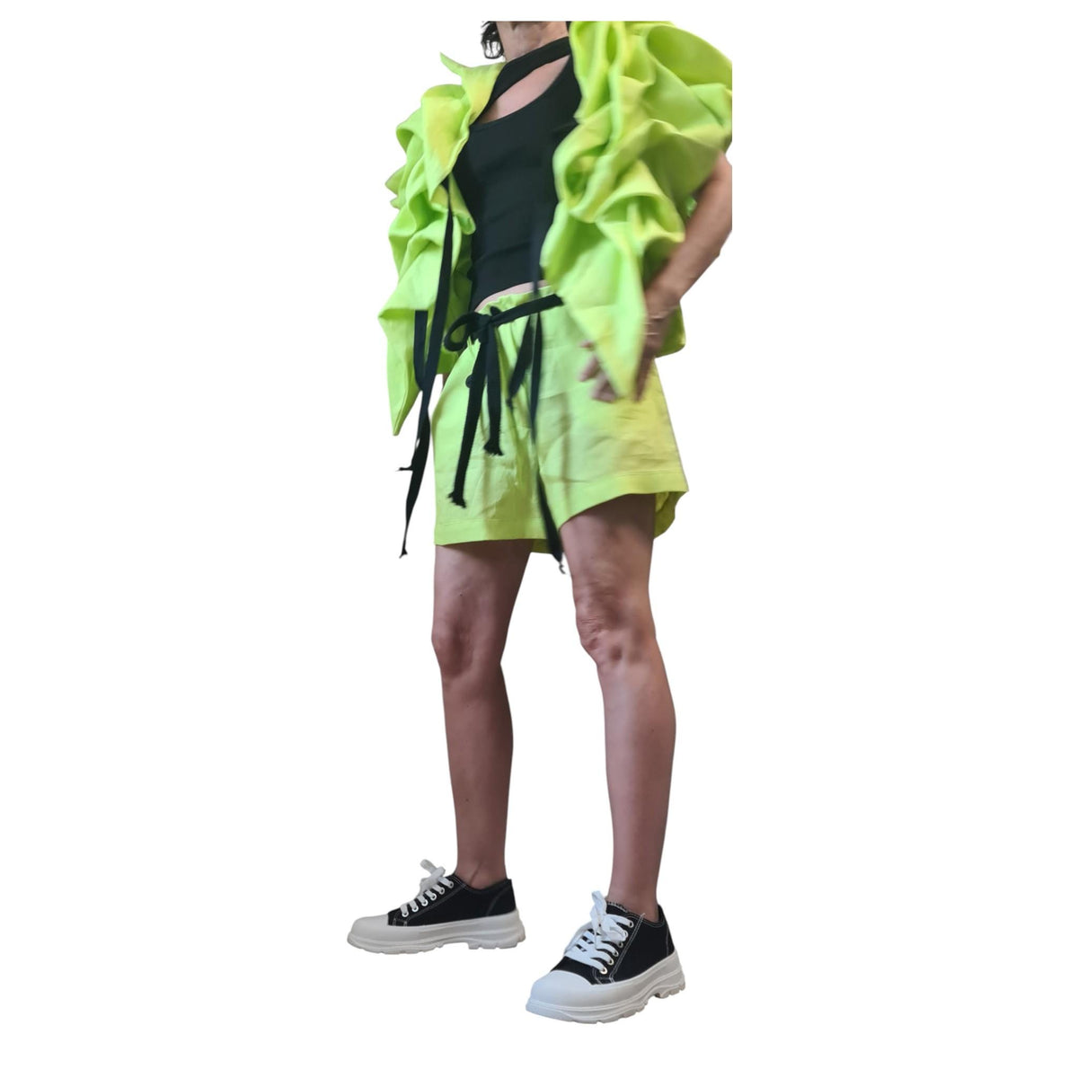 Lime Green Linen Asymmetric Short Jacket Sleeveless Gathered Womens Avant Garde Clothing