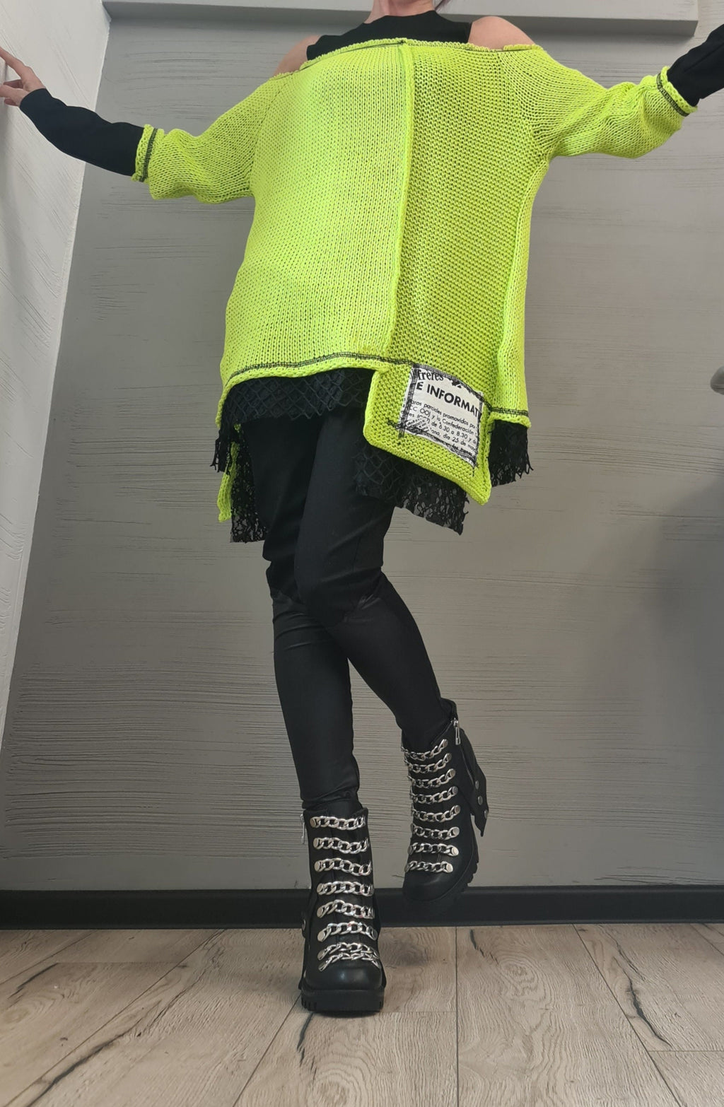 Lime Asymmetric Knitted Tunic, Open Shoulder Blouse, Plus Size Sweater